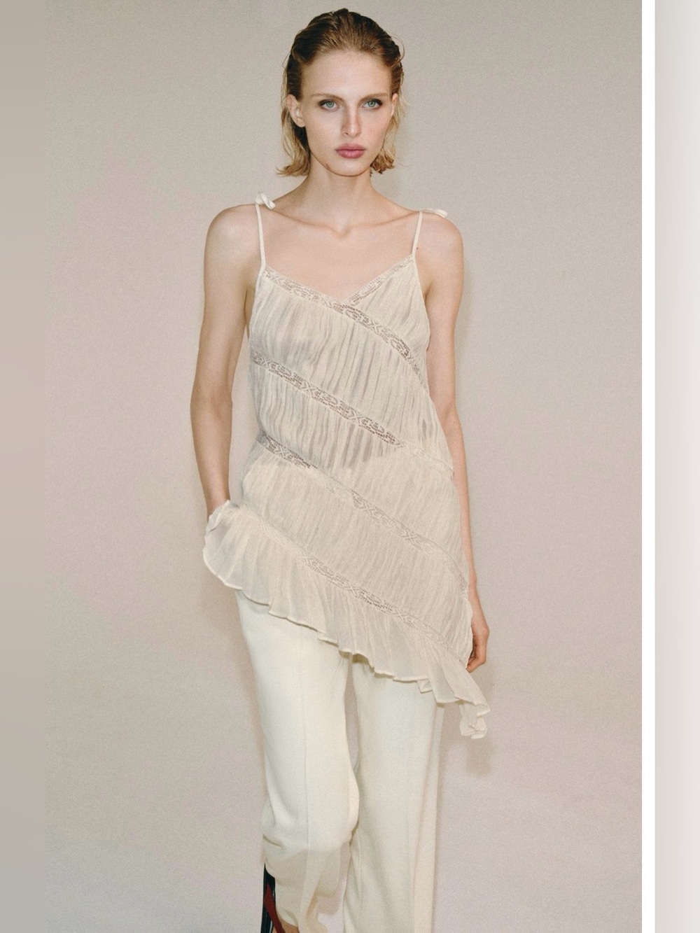 NWT Zara Cream Asymmetrical Pleated Lace Ruffle Tie-Strap Cami Top Viscose